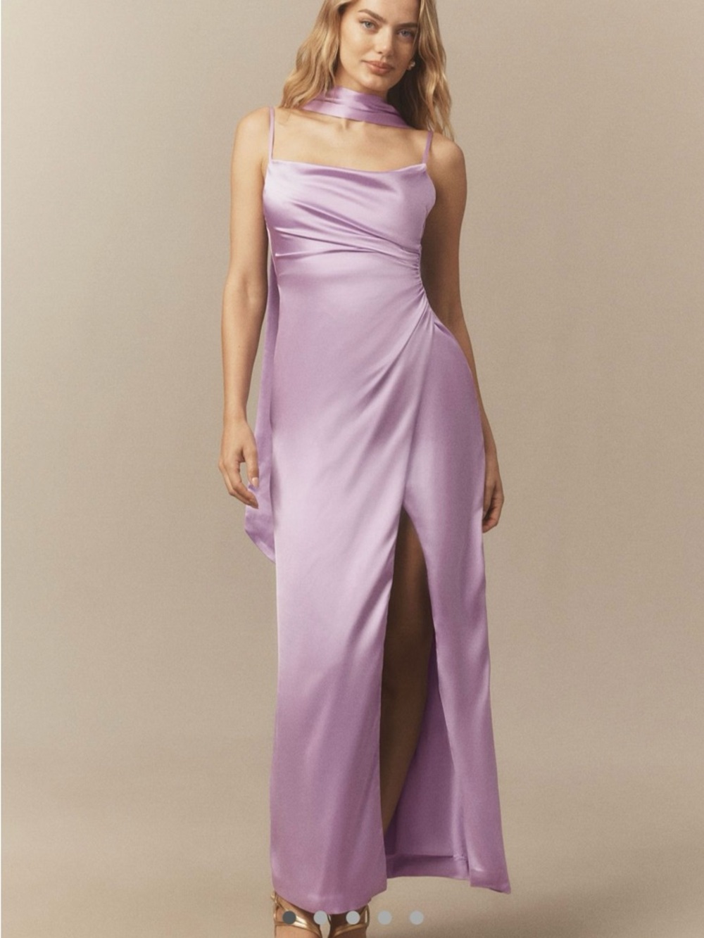 Anthropologie BHLDN Lavender Satin Cowl Neck Maxi Dress with Scarf